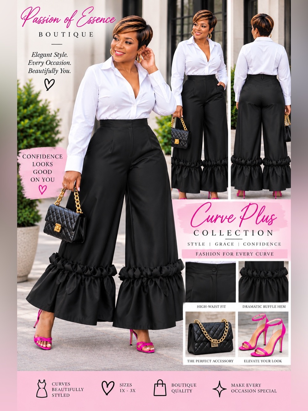 Plus Size Black Satin Ruffle Hem Wide Leg Statement Pants 1X 2X 3X